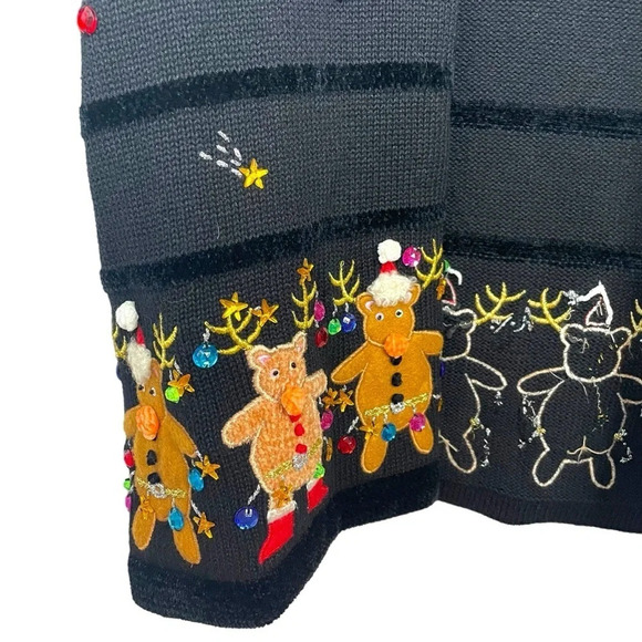 VINTAGE 90s Jack B Quick Ugly Bedazzled Christmas Cardigan Sweater Black Size M - Picture 4 of 14